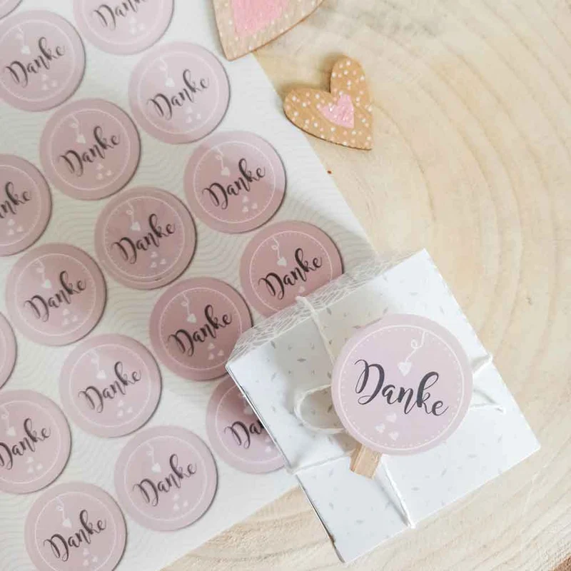 24 DANKE Aufkleber rosa rosé weiß grau HERZ Sticker selbstklebend Geschenk-Verpackung give-away Mitgebsel Gastgeschenk Hochzeit Geburtstag Fest Etiketten shabby chic