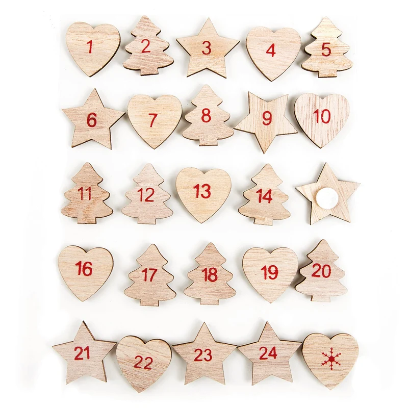 1-24 Aufkleber Adventskalender Zahlen aus Holz mit Klebepunkt - natur rot