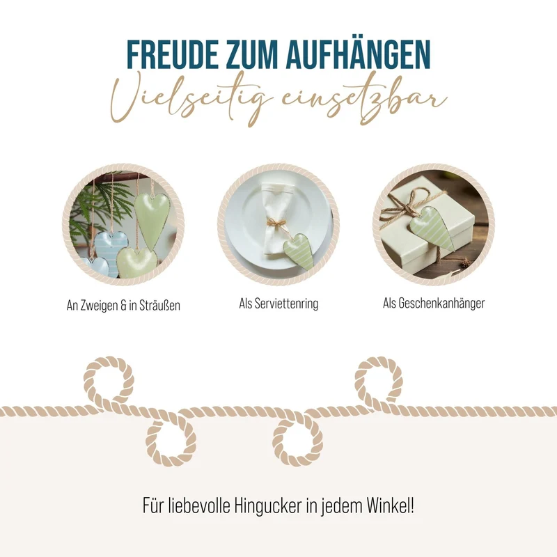 8 Herzanhänger Frühlingsdeko grün türkis blau - Herzen zum Aufhängen mit Schnur 7 cm aus Metall