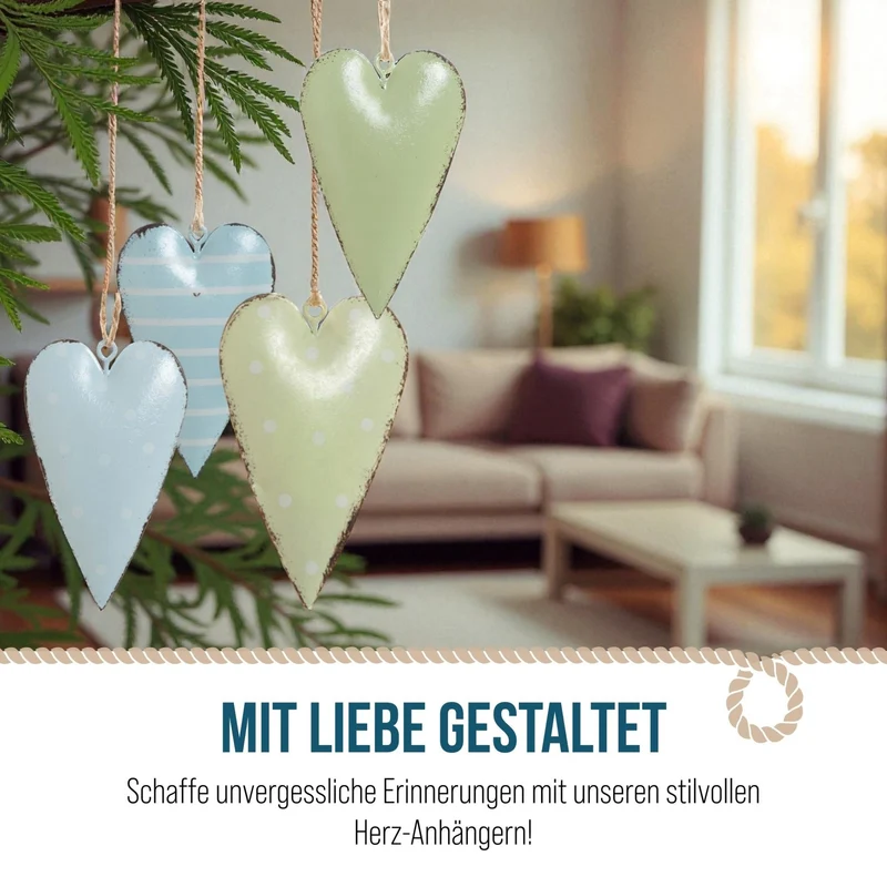 8 Herzanhänger Frühlingsdeko grün türkis blau - Herzen zum Aufhängen mit Schnur 7 cm aus Metall