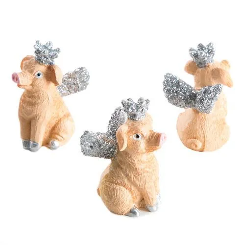 3 Glücksschweine Figuren 5 cm silber beige mit Silber Krone + Flügel