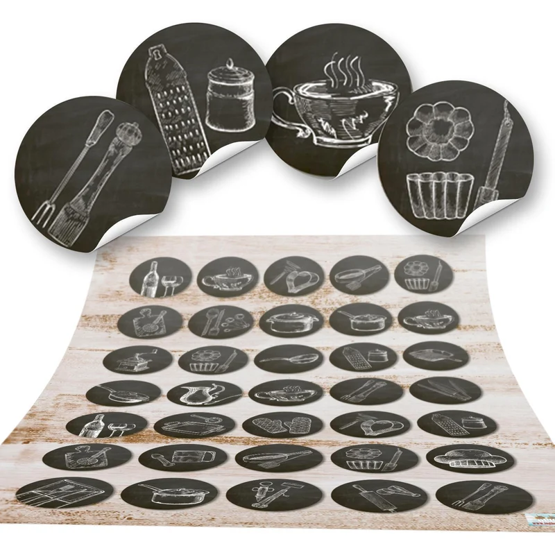 4 x 35 kleine runde SCHWARZ WEISS Küchenaufkleber vintage alt Küchen-Deko Sticker Nostalgie selbstklebend Küchenutensilien Geschirr Besteck