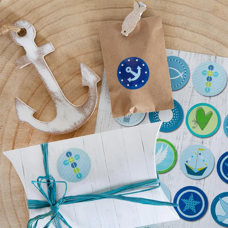 4 x 35 Stück runde 3 cm blau türkis grün hellblau maritime KINDER KOMMUNION TAUFE Aufkleber zur Verpackung mit Fische Anker Segelboot Schiff Engel Krone Kreuz Herz zur Deko Fest Geburtstag Jungen