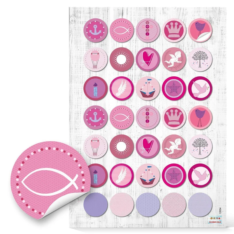 4 x 35 Stück runde 3 cm rosa rose pink farbene KINDER KOMMUNION TAUFE Aufkleber zur Verpackung mit Fische Anker Segelboot Schiff Engel Krone Kreuz Herz zur Deko Fest Geburtstag Mädchen