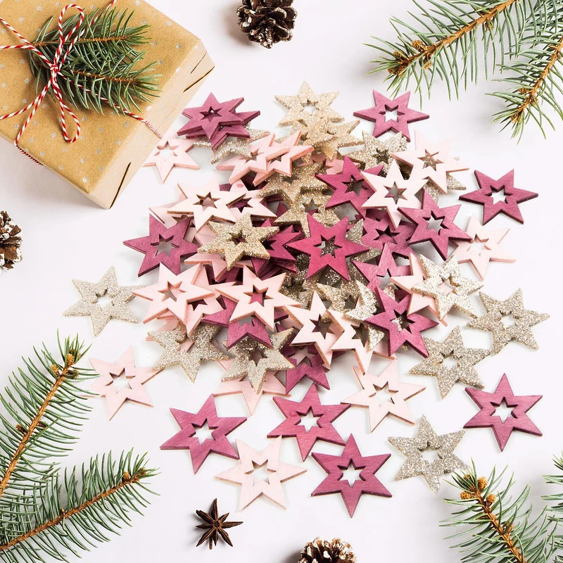 70 Mini Holzsterne in rosa pink & gold - Sterne aus Holz als Bastelmaterial Weihnachten