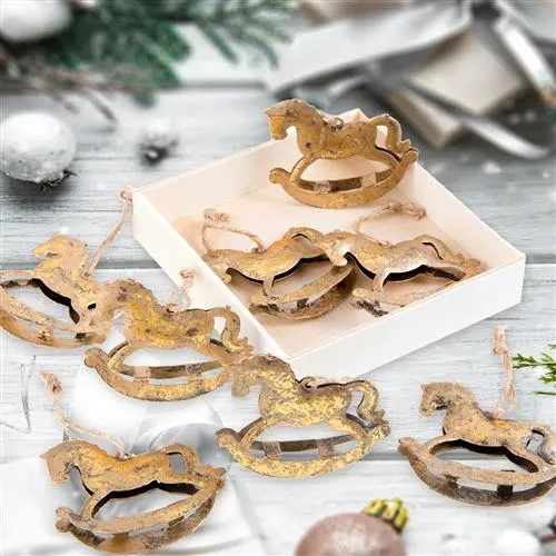 8 goldfarbene Schaukelpferd Weihnachtsanhänger aus Metall 6 cm