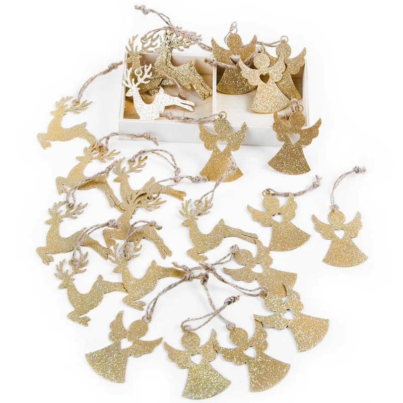 Weihnachtsdeko Set 24 Metallanhänger gold glitzernd Engel + Hirsch 5 cm