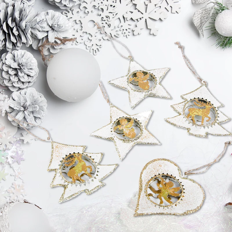 6 edle Anhänger zu Weihnachten in Gold und weiß Metallanhänger Baumschmuck aus Blech 7 cm