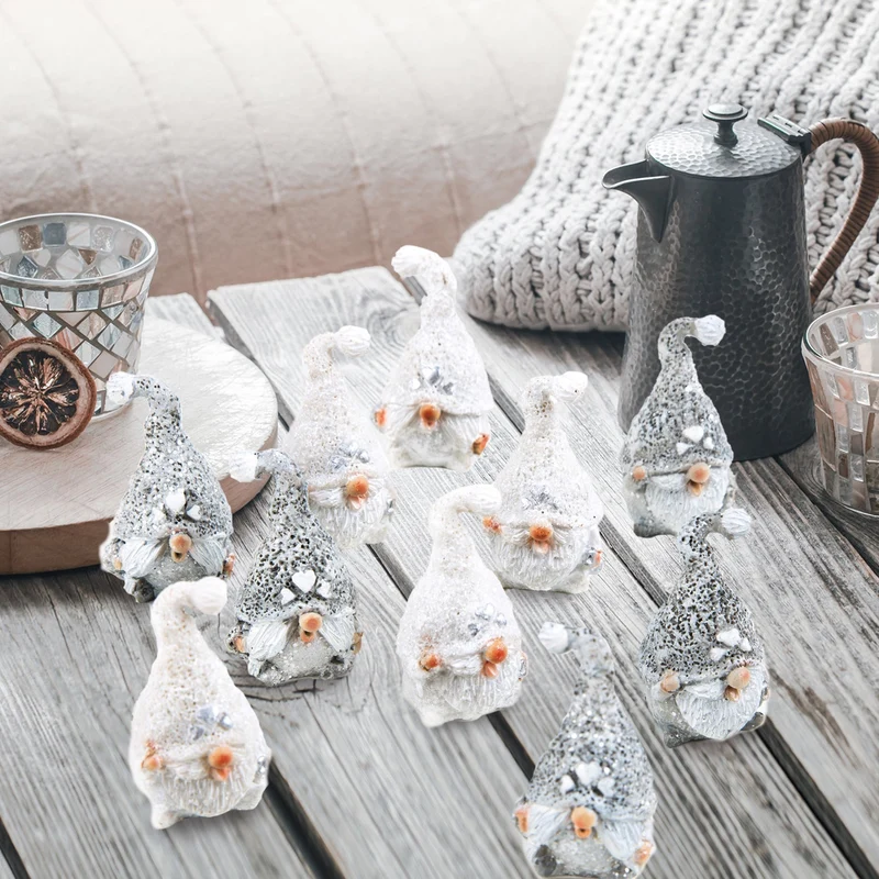 10 Mini Wichtel Figuren 4 cm - Weihnachtswichtel grau weiß glitzernd