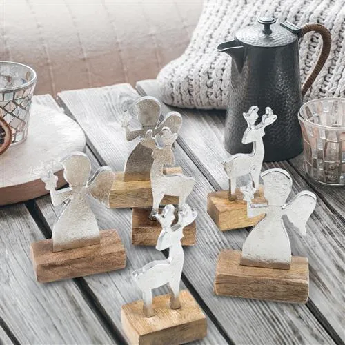 6 Metallfiguren Weihnachten Deko Figur silber braun Engel + Rentier auf Mangoholz Sockel 10 cm