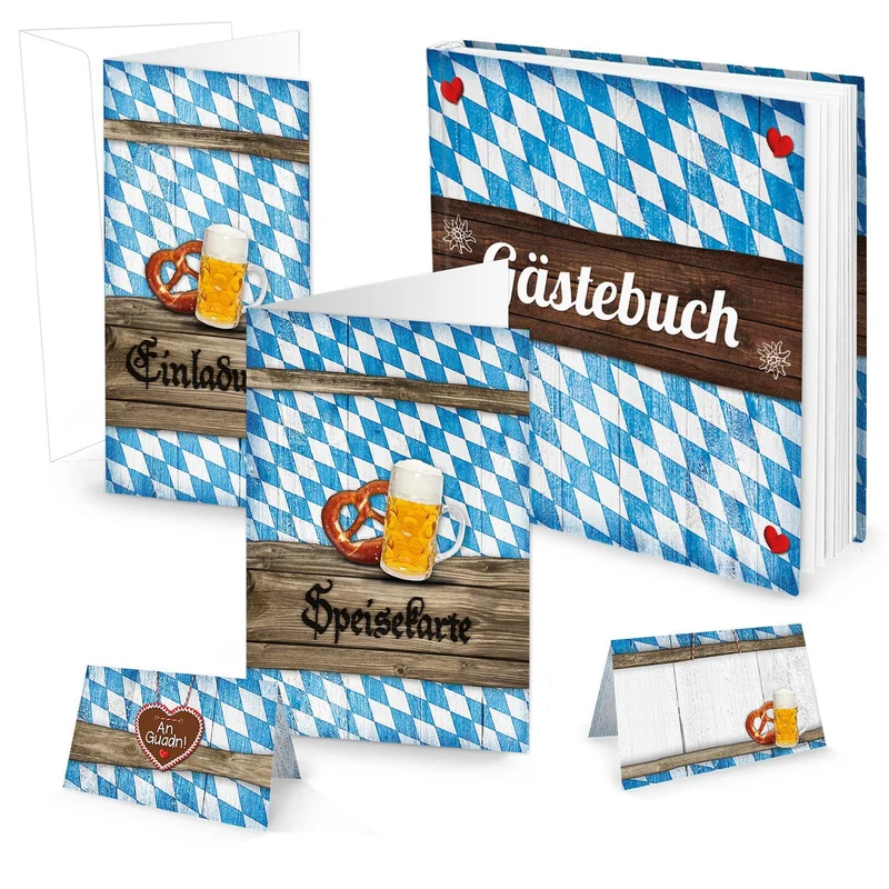 Großes Tisch-Deko-Set zum OKTOBERFEST in blau-weiß-kariert: 50 Einladungen + 64 Tischkarten + 24 Menü-Speise-Karten + 1 Gästebuch … bayerische Hochzeit Feste Geburtstag (55 - 60 Personen)
