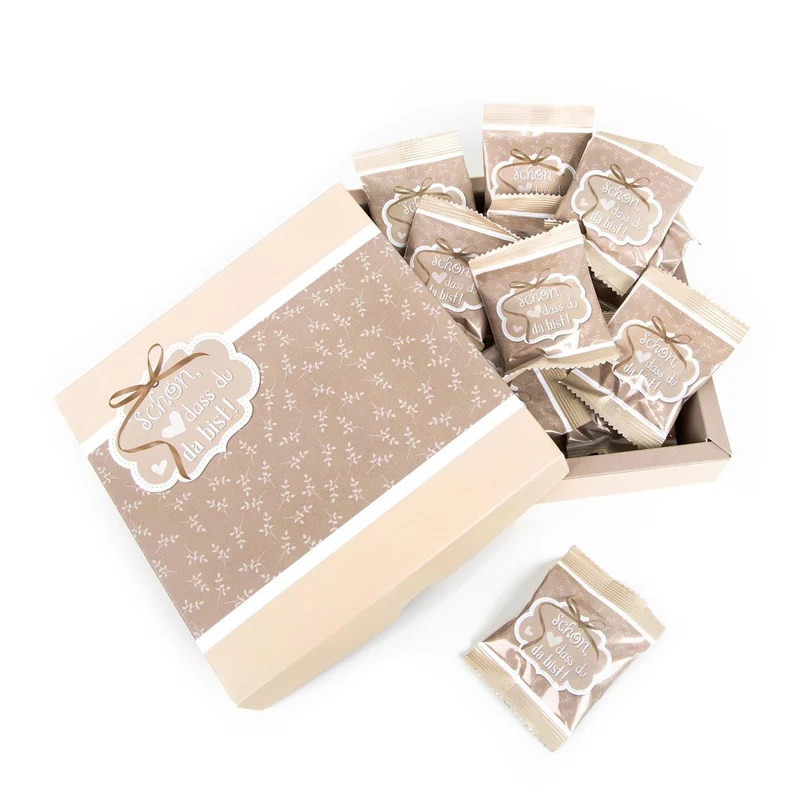 5 Geschenkkarton SCHÖN DASS DU DA BIST Herz beige creme-farben weiß hell-braun natur MIT 25 mini-Tüten Gummibärchen Fruchtgummi Füllung Inhalt als Gastgeschenk Mitgebsel give-away Kunden Gäste