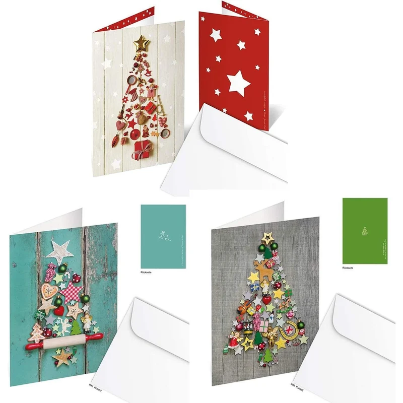 9 Weihnachtskarten Klappkarten mit Umschlag – Weihnachtsbaum rot-grün-blau innen blanko