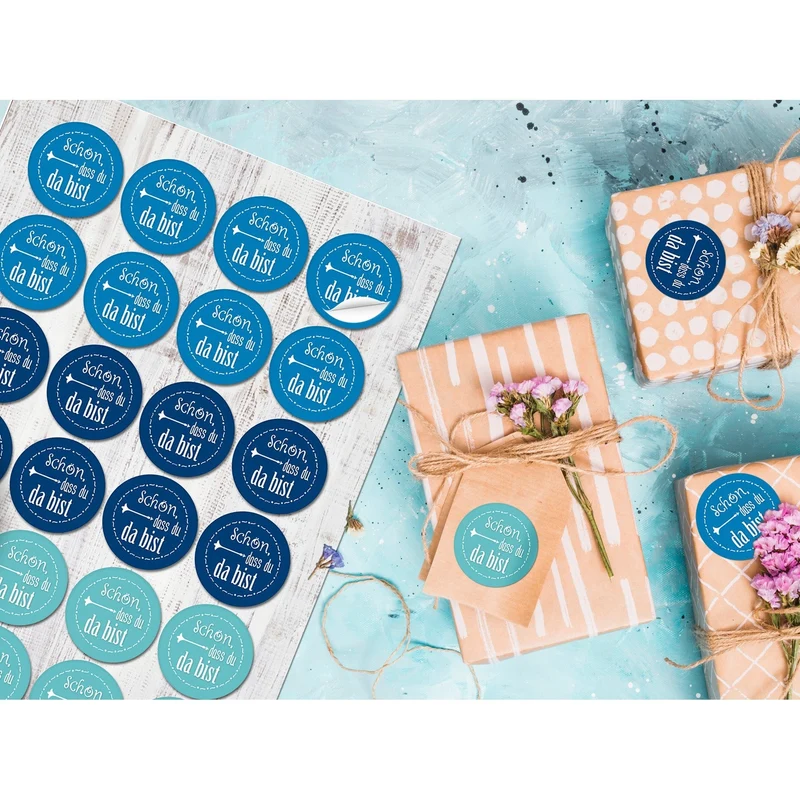 24 runde Aufkleber hellblau türkis blau SCHÖN DASS DU DA BIST 4 cm Geschenkaufkleber Etiketten für Hochzeit Taufe Kommunion Geburtstag Gastgeschenke give-away Deko Feste Geschenke Verpackung Mitgebsel