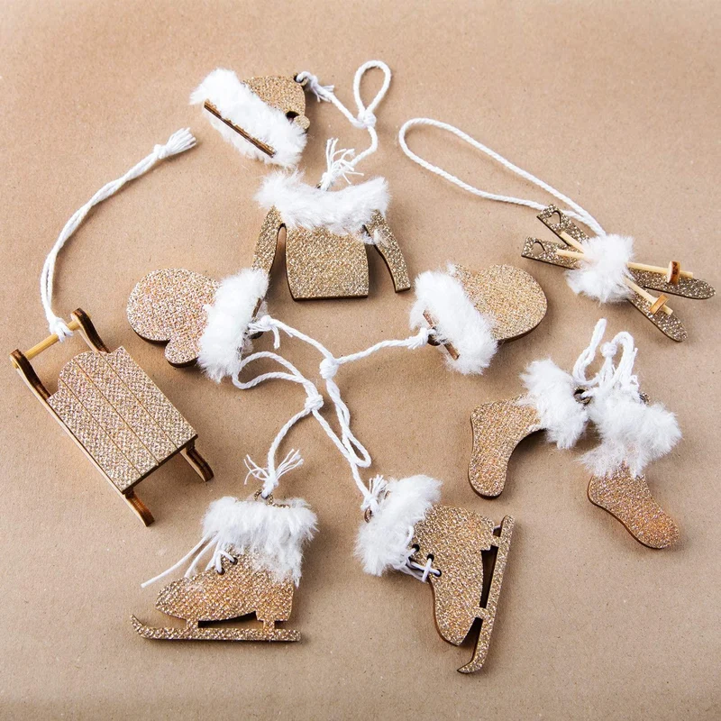 Weihnachtsanhänger Set Schlittschuhe Schlitten Gold glitzernd 6 Christbaumanhänger