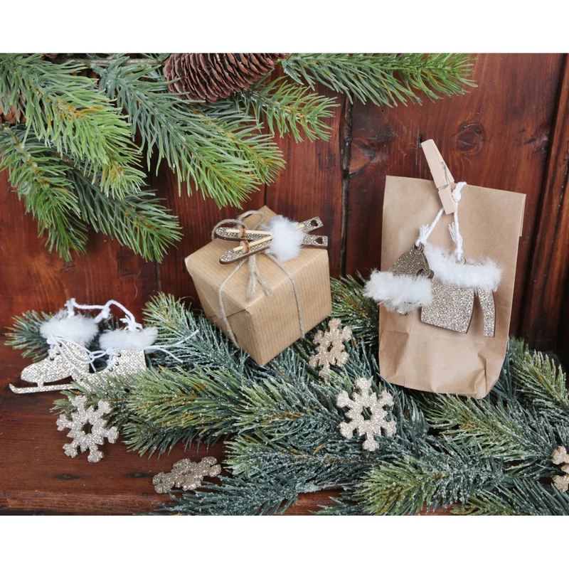 Weihnachtsanhänger Set Schlittschuhe Schlitten Gold glitzernd 6 Christbaumanhänger