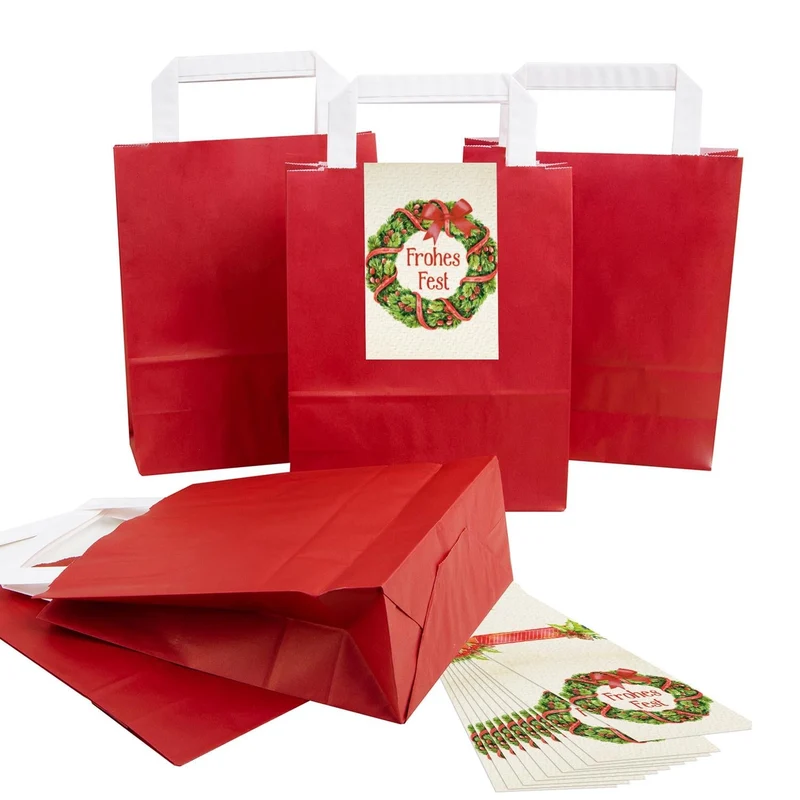 Rote Henkeltüten 18 x 8 x 22 cm mit Weihnachtsbanderolen, auch Heiliger Nikolaus