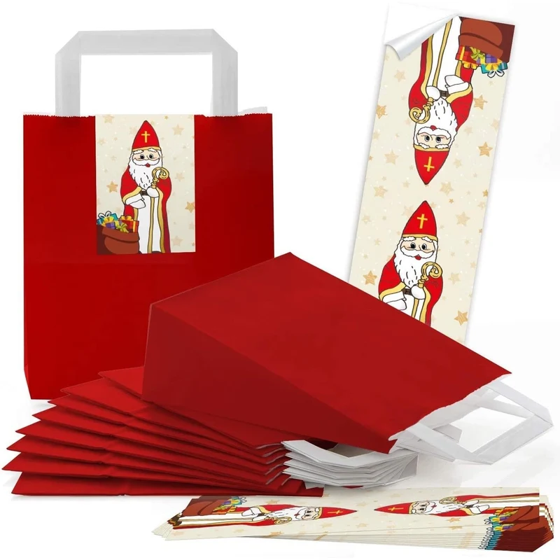 Rote Henkeltüten 18 x 8 x 22 cm mit Weihnachtsbanderolen, auch Heiliger Nikolaus