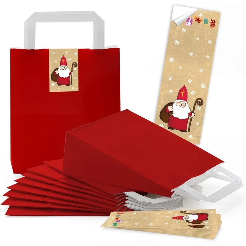 Rote Henkeltüten 18 x 8 x 22 cm mit Weihnachtsbanderolen, auch Heiliger Nikolaus