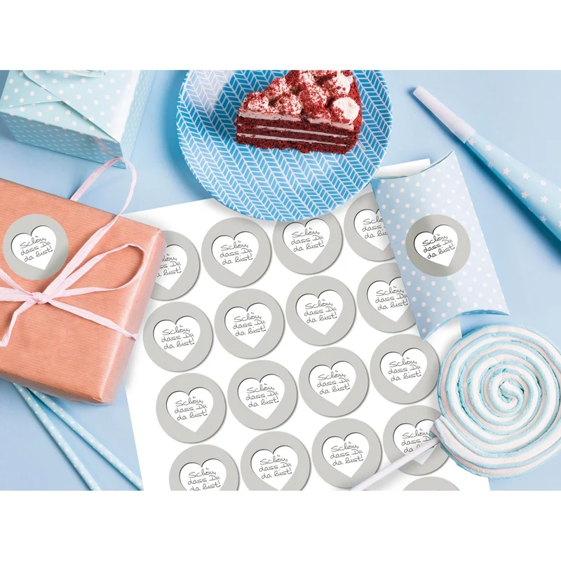 24 runde weiß grau silber shabby Aufkleber SCHÖN DASS DU DA BIST HERZ Text 4 cm Sticker Etiketten Hochzeit Taufe Geburt Kommunion Fest Geburtstag Verpackung Deko Gastgeschenke give-away