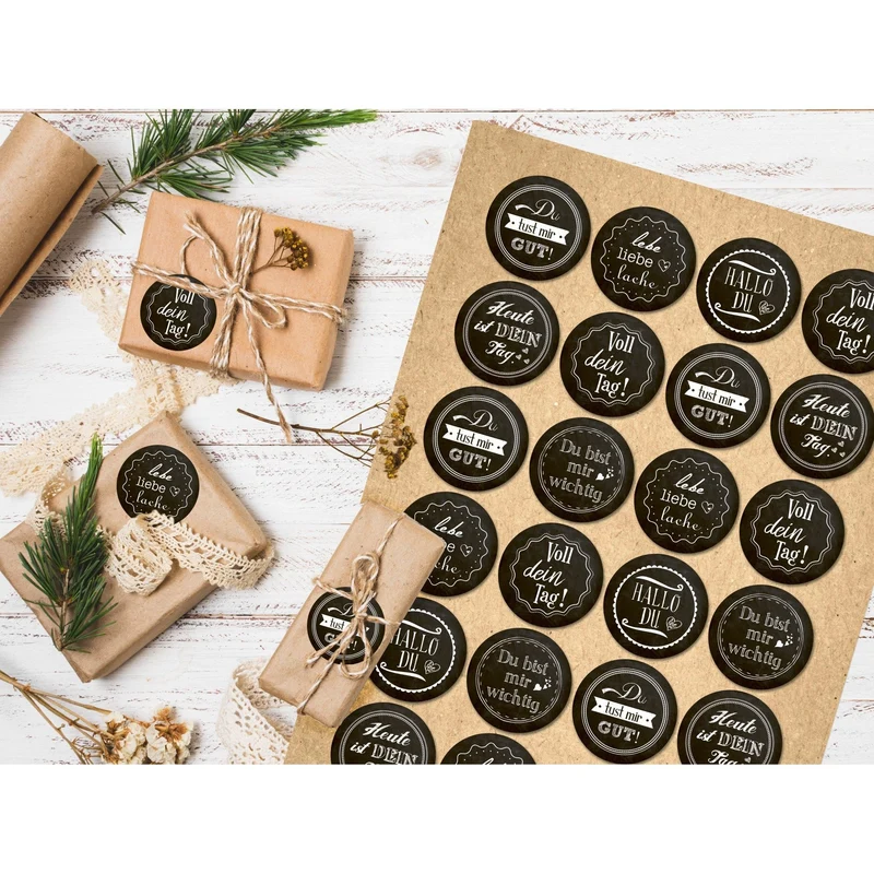 24 runde Aufkleber SPRÜCHE Motivation Glück Zitat schwarz weiß Lieblingsmensch Geschenkaufkleber selbsteklebende Sticker Etiketten basteln verpacken Geschenke