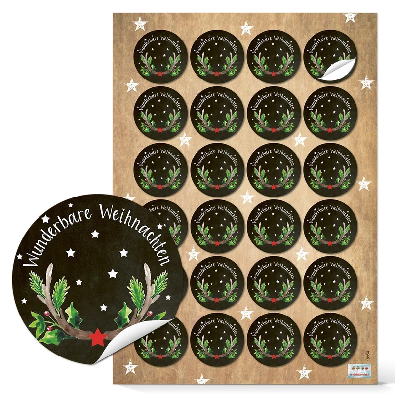 SET 3 x 24 Weihnachtsaufkleber selbstklebend rund 4 cm schwarz bunt