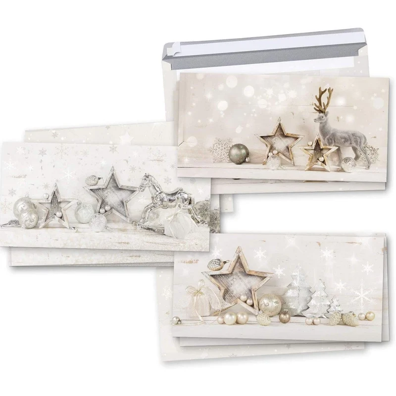 9 Weihnachtskarten Klappkarten mit Umschlag – Shabby Chic weiß-silber, 3 Motive je 3 Stück
