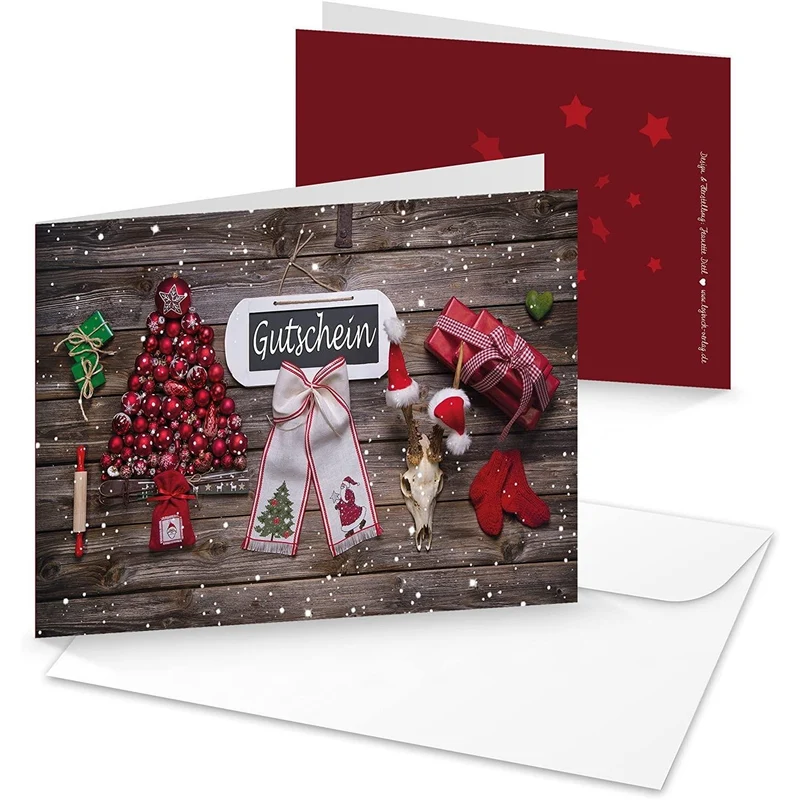 3 Stück Weihnachtsgutschein rot weiß braun grün weihnachtlich Kundengutschein Text GUTSCHEIN Weihnachten 10,5 x 14,8 cm MIT KUVERT Einkaufsgutschein Holz-Optik