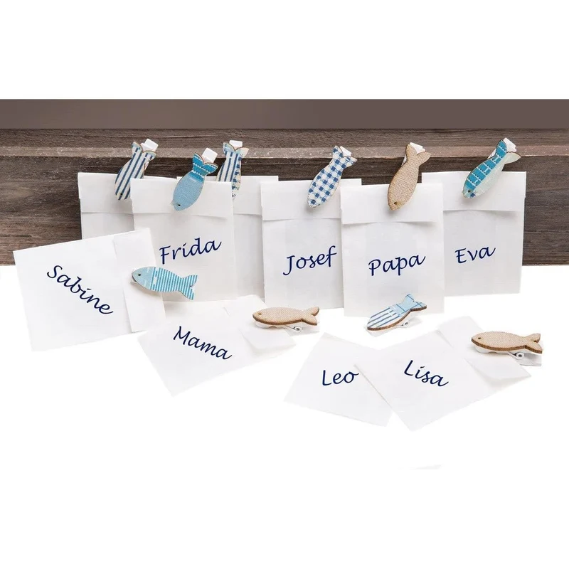 10 kleine weiße Mini-Tüten Papiertüten 5,3 x 7,8 cm + blau türkis Fische Holz Deko-Klammer Tischkarten Namensschilder Kommunion Kinder-Geburtstag Taufe Gastgeschenk give-away Mitgebsel