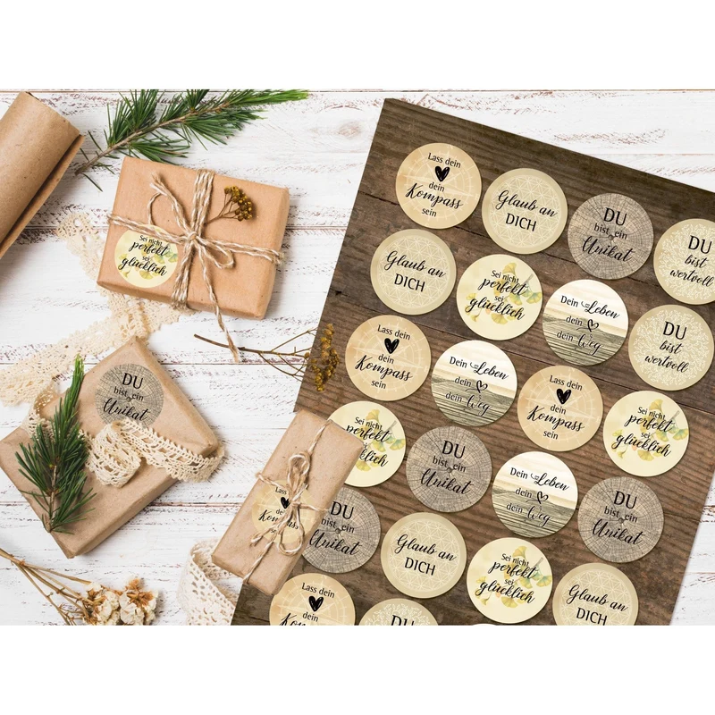 Logbuch-Verlag 24 Aufkleber MOTIVATION Sprüche Weisheiten Statements vintage natur Kraftpapier Look rund 4 cm