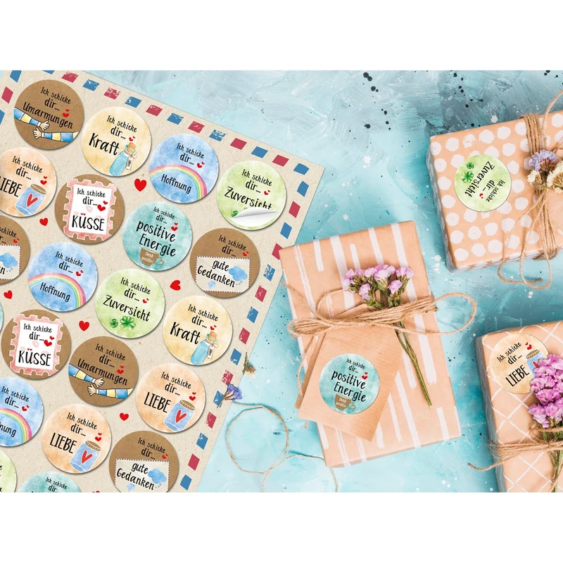Logbuch-Verlag 24 bunte Aufkleber Ø 4 cm gute Wünsche positive Gedanken Briefmarken Optik - Zuversicht Hoffnung - Verzierung Brief Post Geschenke