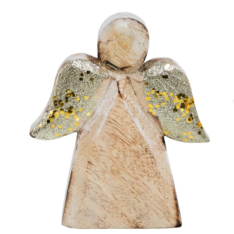 3 Holzengel mit golden glitzernden Flügeln