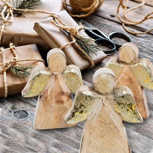 Holzengel zum Hinstellen - Engel Figur aus Mangoholz braun gold
