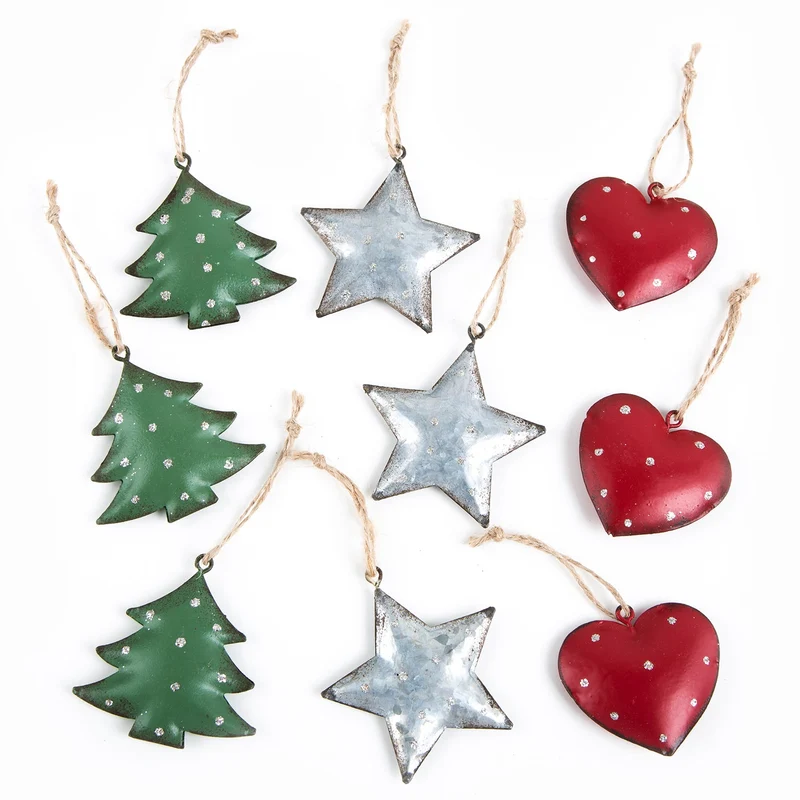 9 Weihnachtsanhänger Herz Baum Stern grün rot silber Baumschmuck aus Metall