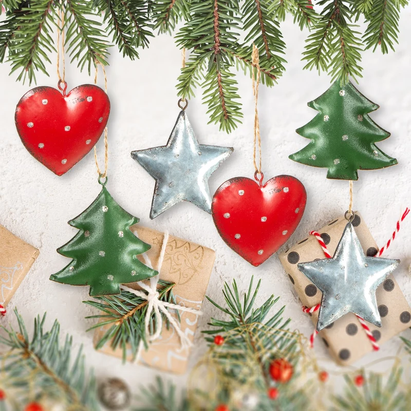 9 Weihnachtsanhänger Herz Baum Stern grün rot silber Baumschmuck aus Metall