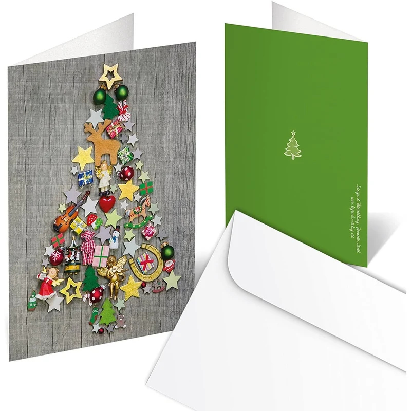 4 Weihnachtskarten Klappkarten mit Umschlag – Weihnachtsbaum grau-bunt in Holzoptik
