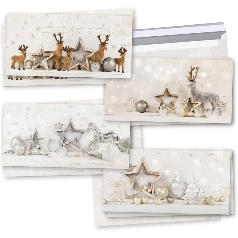 12 Weihnachtskarten DIN lang Klappkarten mit Umschlag – Rentier, Hirsch weiß-gold-silber-grau