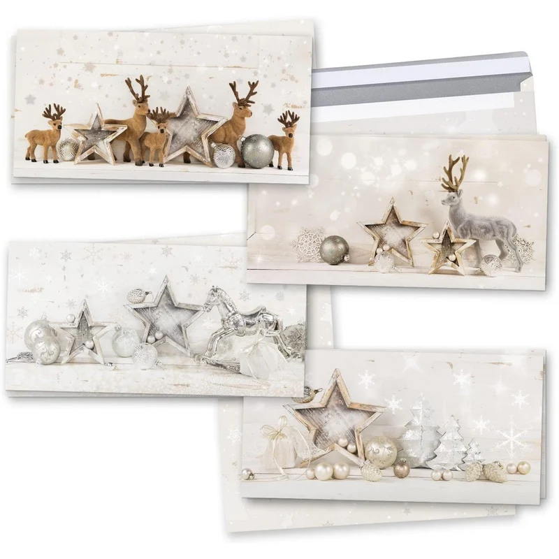 8 Weihnachtskarten DIN lang Klappkarten mit Umschlag – Rentier, Hirsch weiß-gold-silber-grau