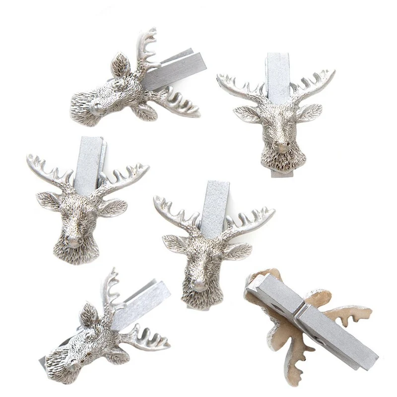 12 Stück kleine SILBER-farbene Zier-Klammern HIRSCH-KOPF HIRSCH-GEWEIH - Deko-Klammern Holz-Klammern Mini-Klammern Weihnachtsklammern Mini-Wäscheklammern als Deko Weihnachten