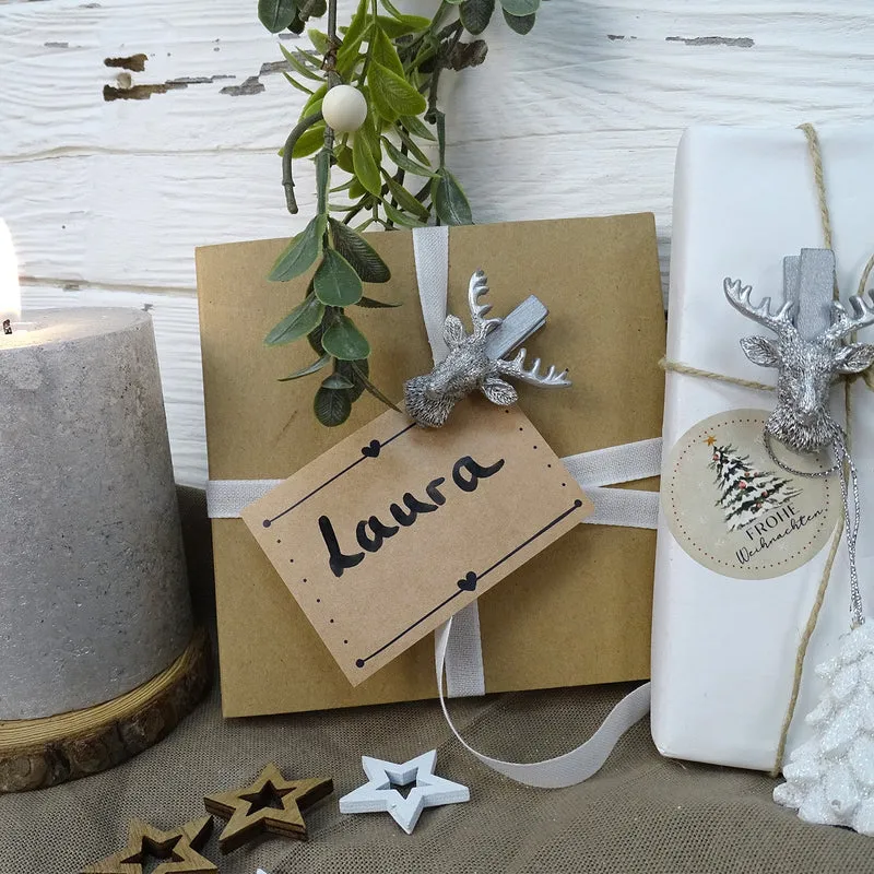 12 Stück kleine SILBER-farbene Zier-Klammern HIRSCH-KOPF HIRSCH-GEWEIH - Deko-Klammern Holz-Klammern Mini-Klammern Weihnachtsklammern Mini-Wäscheklammern als Deko Weihnachten