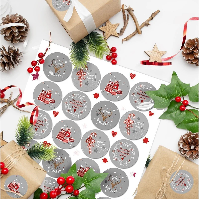 Weihnachtsaufkleber rund rot weiß grau Sticker Etiketten 4 cm