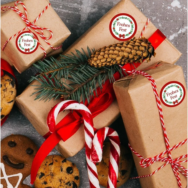 24 weihnachtliche Aufkleber rund ROT GRÜN weiß FROHES FEST Geschenkaufkleber Text 4 cm Verpackung Weihnachtsgeschenke