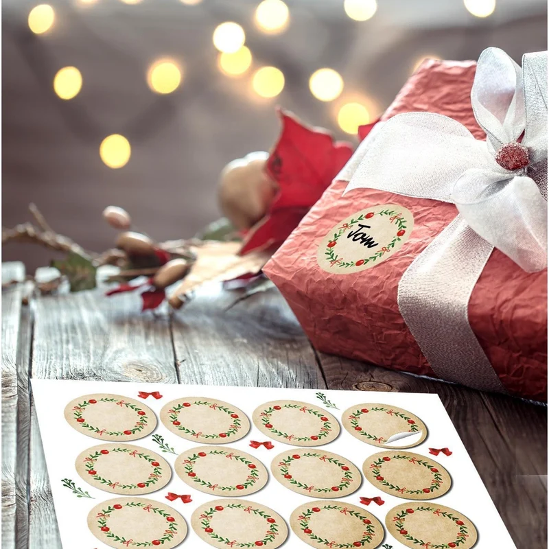24 runde Kraftpapier ROT GRÜN blanko natur KRANZ Etiketten vintage Weihnachten 4 cm Geschenk-Aufkleber Sticker weihnachtlich Gewürzetiketten Gläser Marmeladen