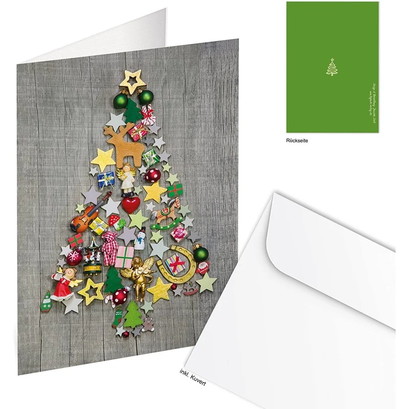 20 Weihnachtskarten DIN A6 Klappkarten mit Umschlag – Weihnachtsbaum grau-bunt innen blanko