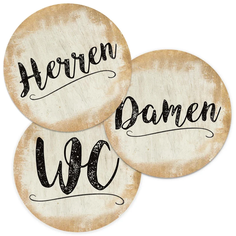 Badezimmer Türschild gold Set „Herren“ + „Damen“ + „WC“ (15,5 cm) mit Klebepads