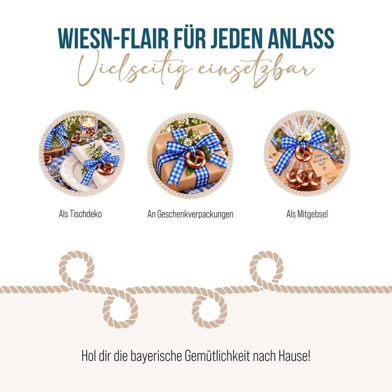 Bayerisches Deko Set: 12 Brezen + kariertes Stoffband blau weiß