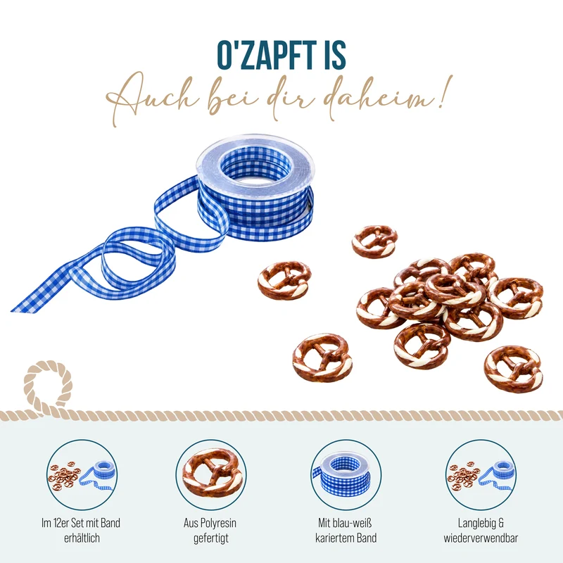 24 Brezel-Geschenkanhänger mit blau-weiß kariertem Stoffband