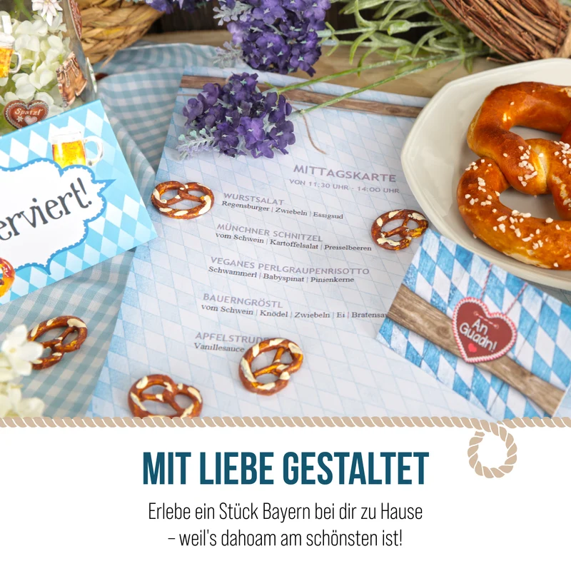 24 Brezel-Geschenkanhänger mit blau-weiß kariertem Stoffband