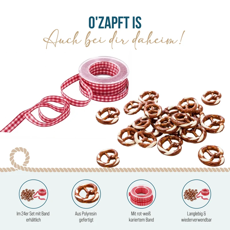 Logbuch-Verlag 24 Brezel Geschenkanhänger bayerische Deko Trachtenschmuck Halskette Anhänger BREZE + rot weiß kariertes Stoff Band Bayern Oktoberfest
