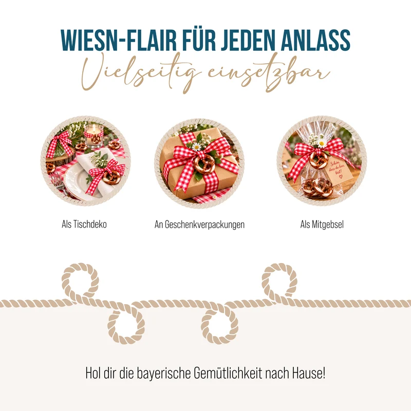 Logbuch-Verlag 24 Brezel Geschenkanhänger bayerische Deko Trachtenschmuck Halskette Anhänger BREZE + rot weiß kariertes Stoff Band Bayern Oktoberfest